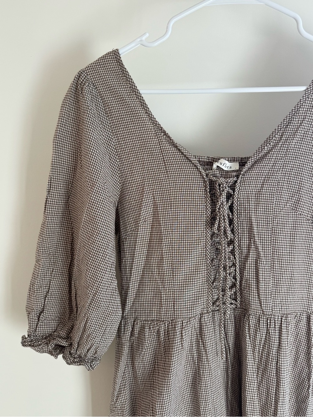 Neuflora Brown Gingham Lace-Up Peasant Dress